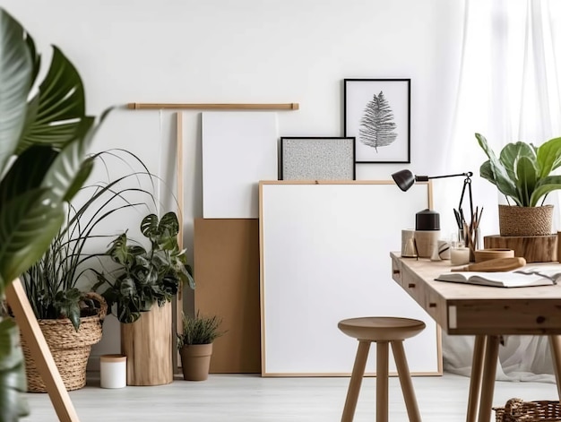 Foto una habitación con un lienzo y una planta encima.