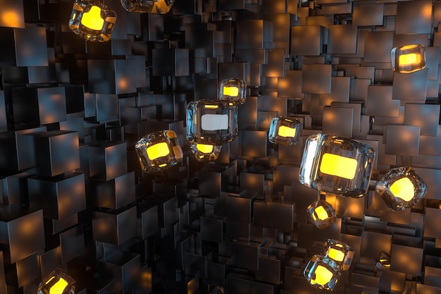 Una habitación llena de cubos oscuros iluminados por cubos brillantes de renderizado 3d