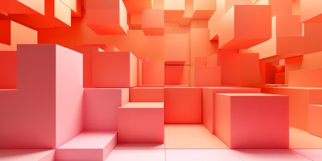 Una habitación llena de cubos rosados con un fondo de color naranja brillante