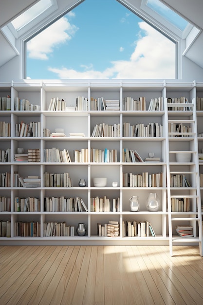 Una habitación llena de estantes blancos llenos de libros.