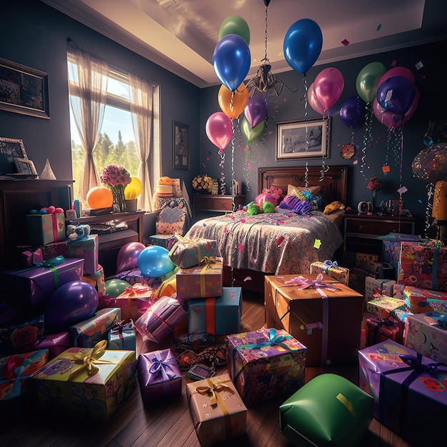 una habitación llena de globos