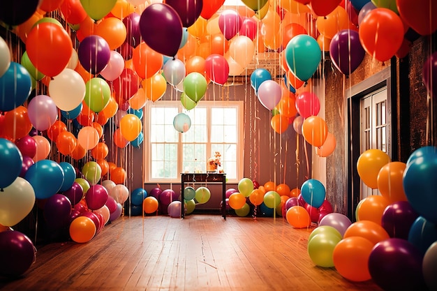 una habitación llena de globos