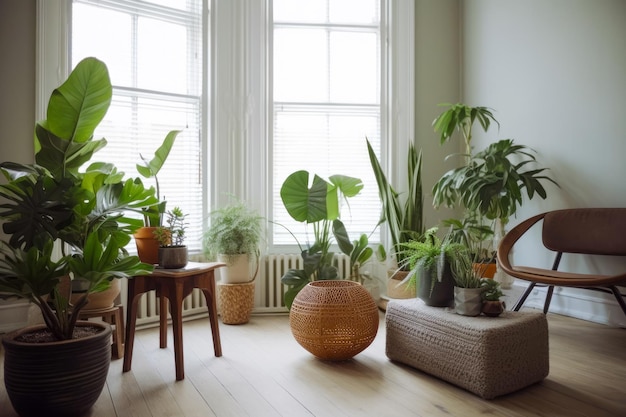 Habitación llena de muchas macetas con plantas y una silla frente a la ventana IA generativa
