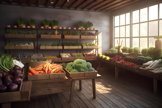 Foto una habitación llena de verduras y frutas.