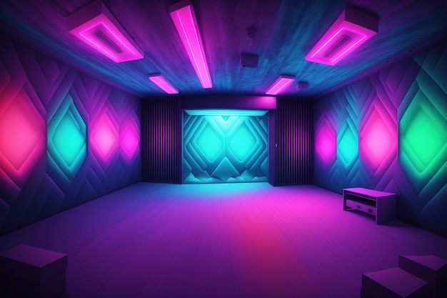 Una habitación con luces en las paredes y un escenario que tiene una gran pantalla encima.
