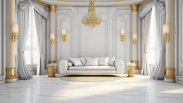 Habitación de lujo de representación 3D fondo blanco y dorado