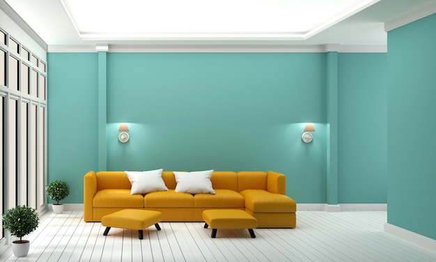 Habitación de lujo - Sofá amarillo en el interior moderno de la pared de menta