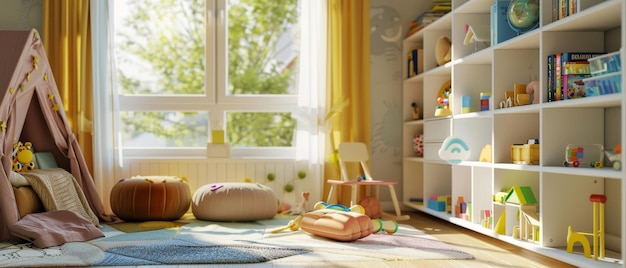 Una habitación luminosa para niños con un juguetón, una tienda acogedora, cojines para el suelo y una estantería bien organizada con varios juguetes y materiales educativos