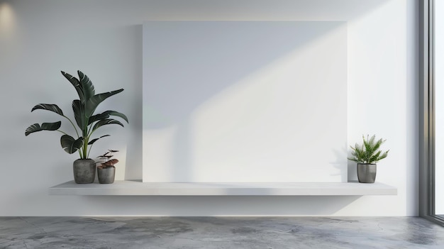 Una habitación luminosa y ventilada con una gran pared en blanco Hay una planta en maceta en el suelo y un estante en la pared con dos plantas en maceta y un marco en blanco