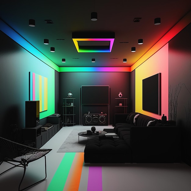 Una habitación con una luz de colores en la pared y un sofá negro en el centro.