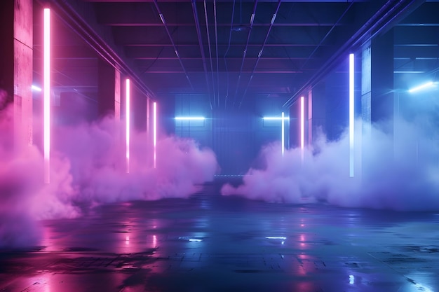 una habitación con una luz púrpura y rosa y humo