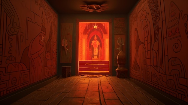 Una habitación con una luz roja que está iluminada con una estatua en el medio.