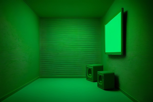Una habitación con una luz verde en la pared y dos altavoces en el suelo.