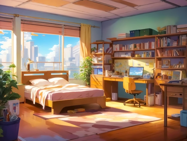 Foto habitación de madera en estilo anime de medio día.