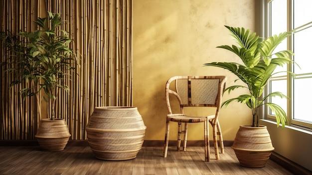 Habitación de madera generativa AI Eco con plantas con muebles naturales interior de estilo boho étnico chic