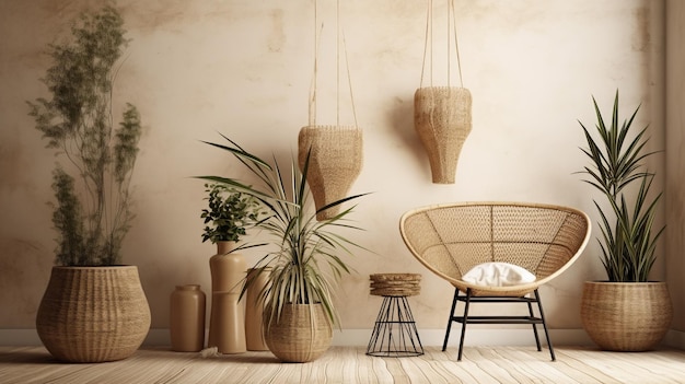 Habitación de madera generativa AI Eco con plantas con muebles naturales interior de estilo boho étnico chic