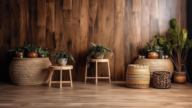 Habitación de madera generativa AI Eco con plantas con muebles naturales interior de estilo boho étnico chic