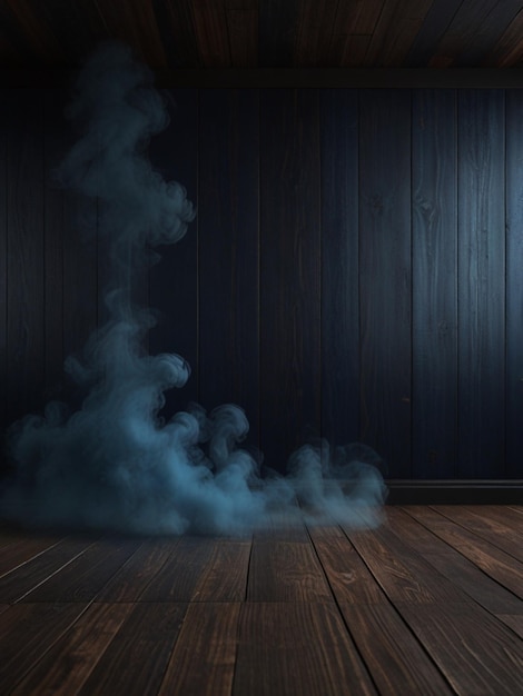 una habitación de madera oscura con fondo de humo azul oscuro