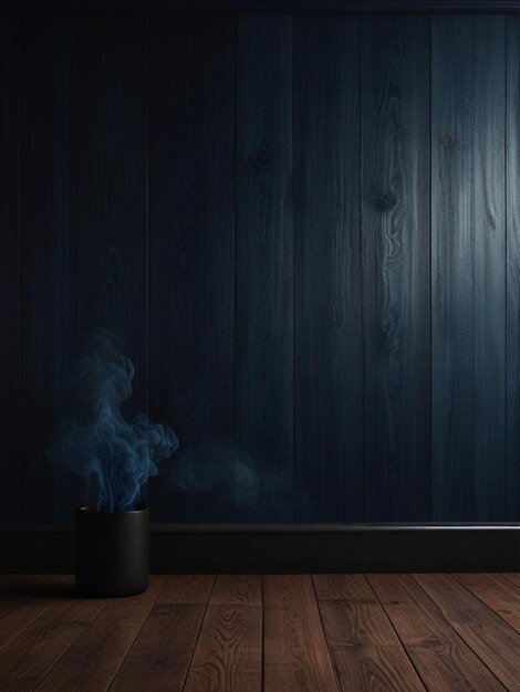 Foto una habitación de madera oscura con fondo de humo azul oscuro