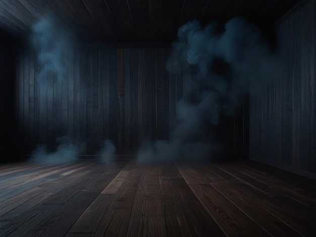 una habitación de madera oscura con fondo de humo azul oscuro