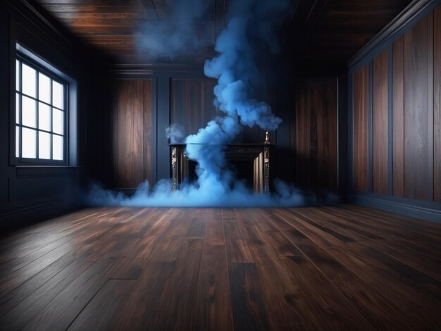 Foto una habitación de madera oscura con fondo de humo azul oscuro