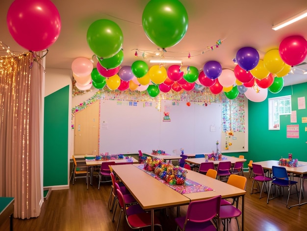 Una habitación con una mesa y globos colgando del techo.