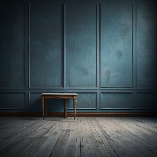 Foto una habitación con una mesa y una pared con un fondo azul