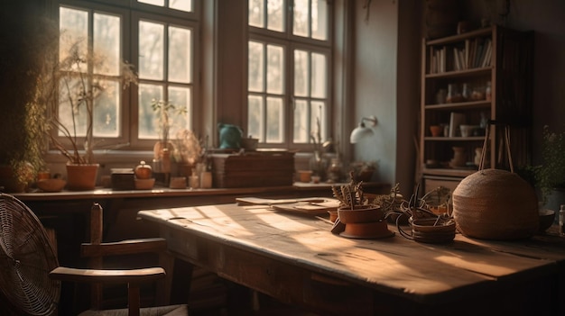 Una habitación con una mesa y plantas encima.