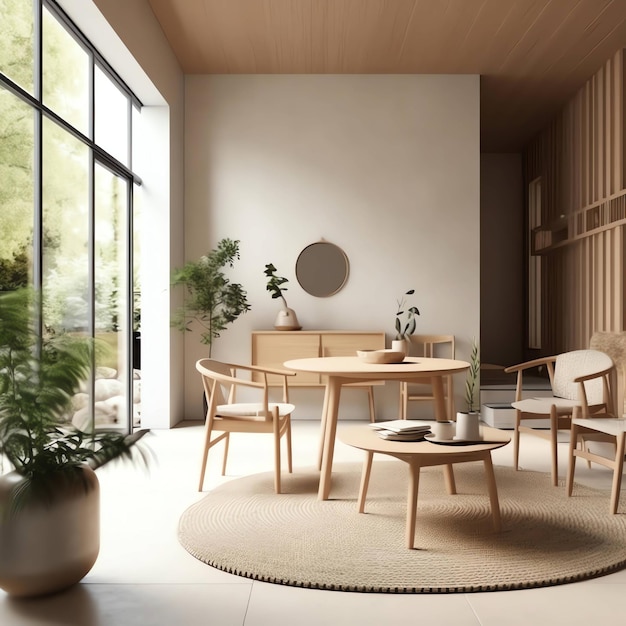 Una habitación con una mesa redonda, sillas y una planta en la pared.