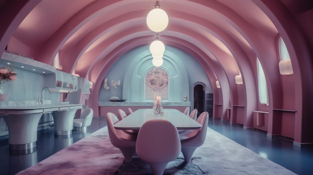 Foto una habitación con una mesa redonda y sillas con techo rosa y un gran ventanal con la palabra amor.