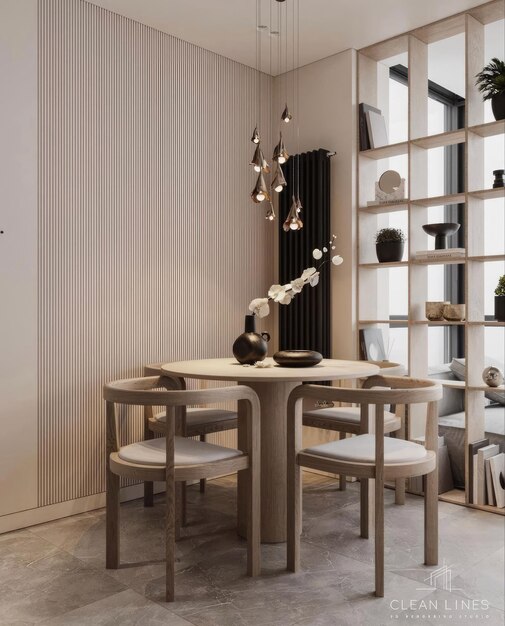 una habitación con una mesa y sillas con una lámpara en ella