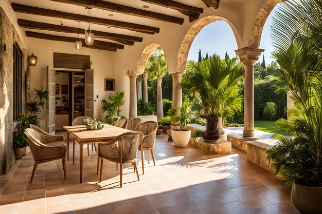 Foto una habitación con una mesa y sillas y una mesa con sillas y unha mesa con sillones y una planta en el par