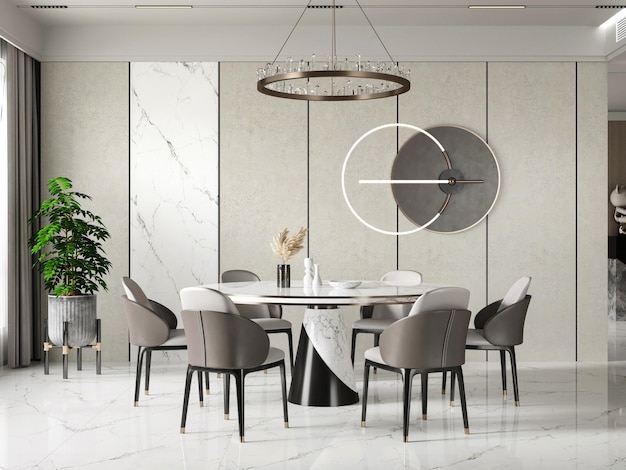 una habitación con una mesa y sillas y un reloj en la pared