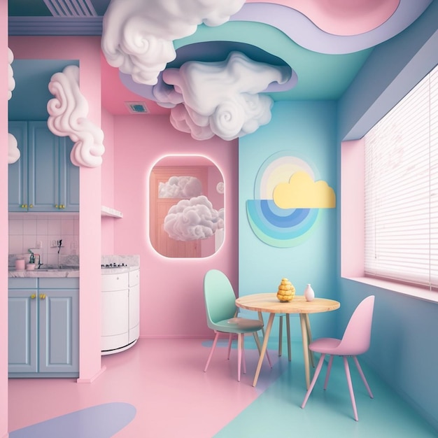 Una habitación con una mesa y sillas y una ventana con nubes.