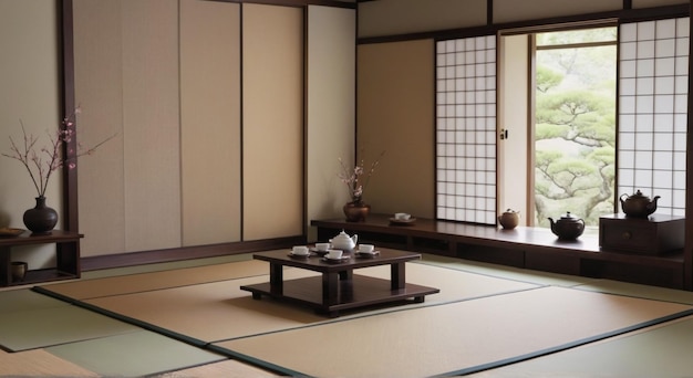 una habitación con una mesa y una ventana con una cortina que dice "no"