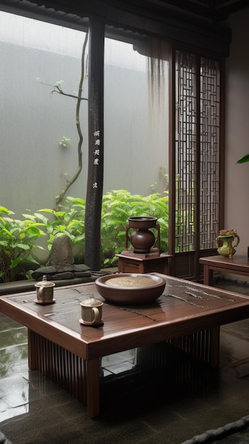 Una habitación con una mesa y una ventana con vista al jardín.