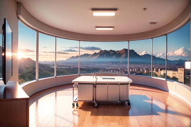 Foto una habitación con mesa y vistas a la montaña.