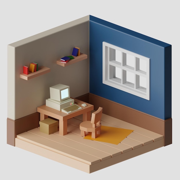 Una habitación en miniatura con una computadora y libros en la pared.