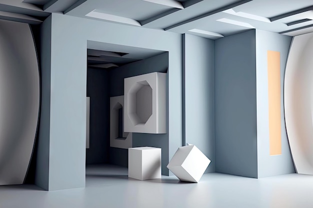 Habitación mínima de representación 3d vacía con paredes tridimensionales de formas geométricas generativas ai
