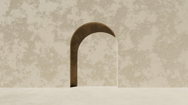 Una habitación minimalista con un arco arqueado Una puerta arqueada con paredes vacías más adecuada para la impresión de arte de renderizado 3D y el diseño de papel tapiz Pared de arena