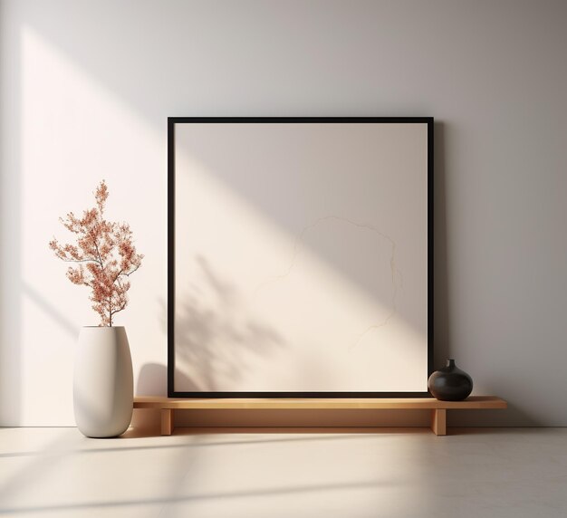 Una habitación minimalista con un gran marco en blanco una planta y un jarrón en un estante de madera contra una pared blanca