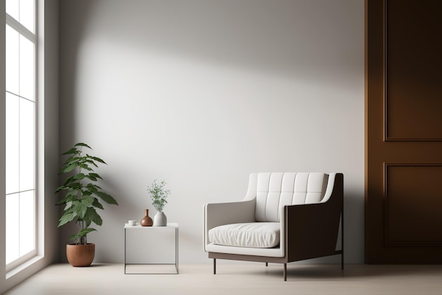 Una habitación minimalista moderna con una maqueta de pared de sillón marrón