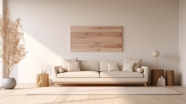 Habitación minimalista MorningLit con sofá de tonos neutros