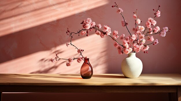 Habitación minimalista con paredes con textura rosa, luz solar y elegancia