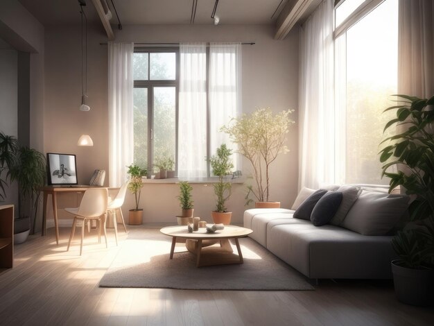 Habitación moderna al amanecer.