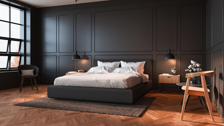 Habitación moderna con una cama grande paredes negras suelo de maderaLa habitación tiene una acogedora estética minimalista