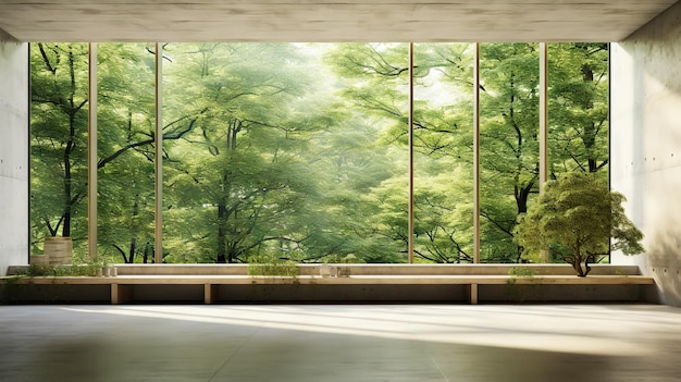 Habitación moderna en casa rodeada de bosque Grandes ventanales arquitectura orgánica IA generativa