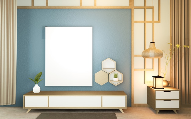 Habitación moderna de color azul oscuro, diseño minimalista de estilo japonés.