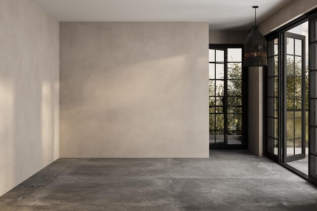 Foto habitación moderna contemporánea vacía vista al patio 3d con vistas a la sala de estar detrás de la habitación tiene pisos de hormigón paredes beige para copiar espacio la luz del sol entra en la habitación