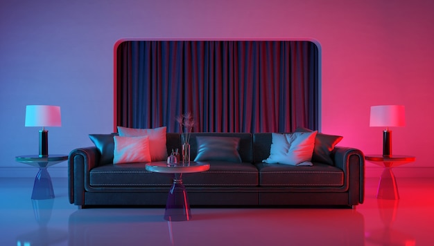 Habitación moderna con iluminación de luz violeta y luz roja